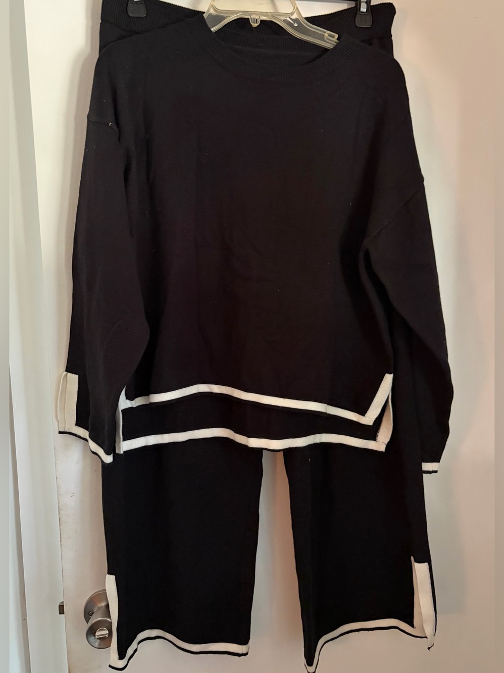 Women's Black Knit Pantsuit Set with White Trim